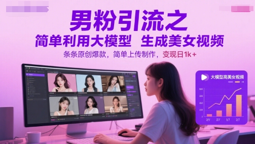 男粉引流之简单利用大模型生成美女视频,条条原创爆款,简单上传制作,变现日1k+-冒泡网